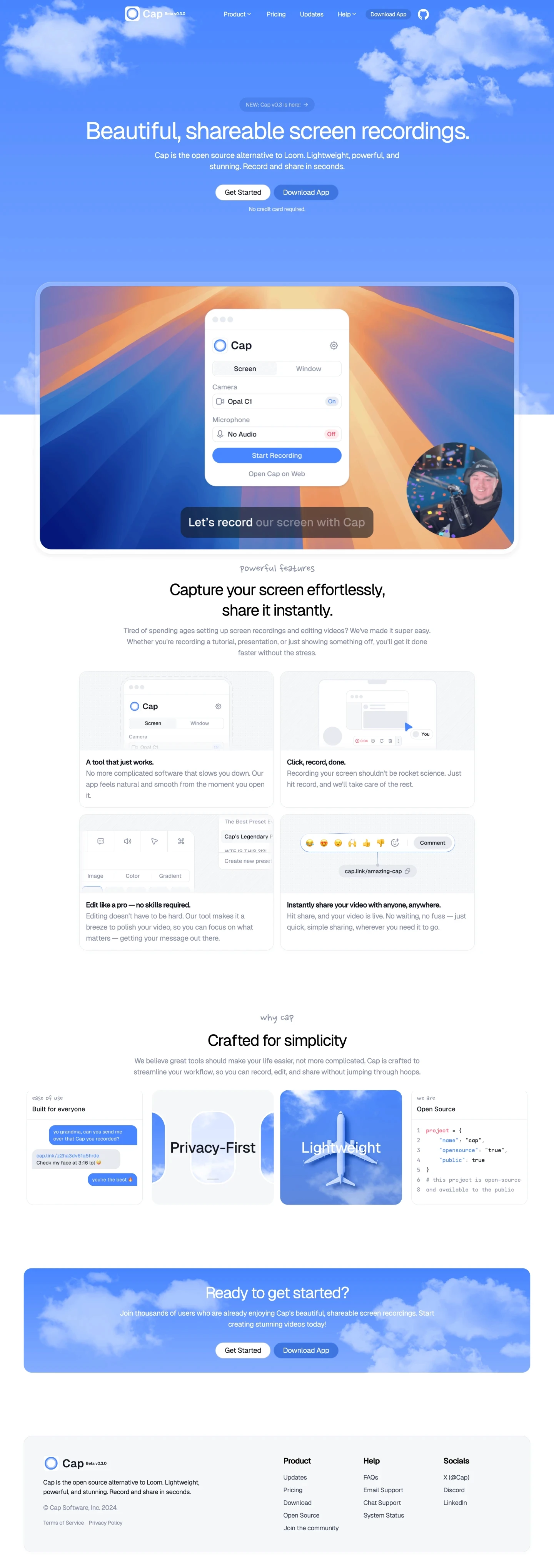 Cap landing page screenshot showcasing Tech and Productivity design