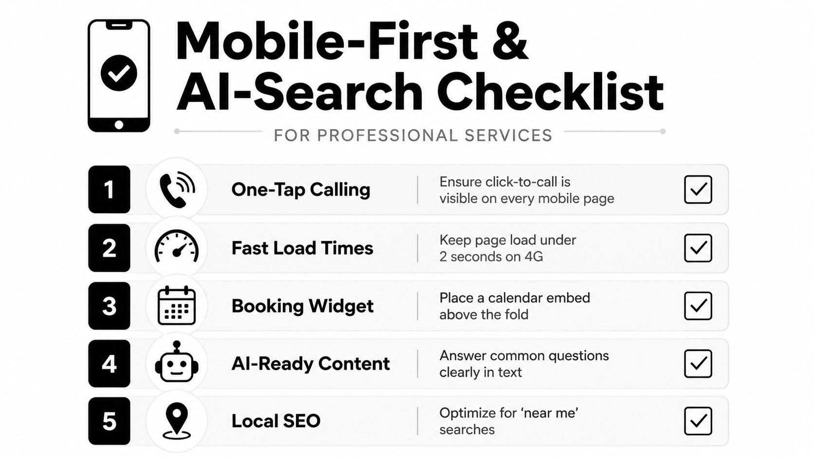 A checklist infographic titled Mobile-First and AI-Search Checklist for professional services outlining five essential optimization strategies.