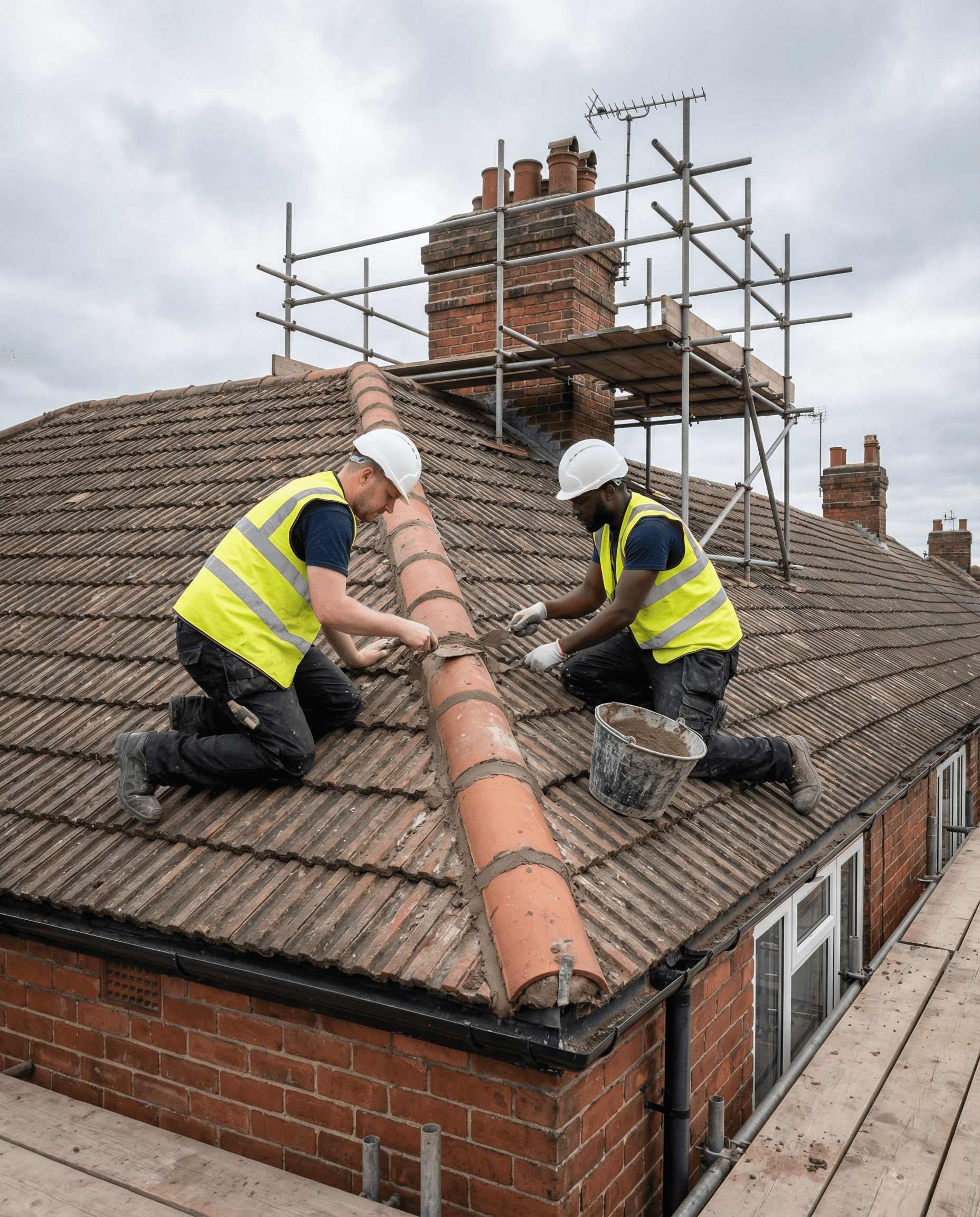 a couple of people that are on a roof