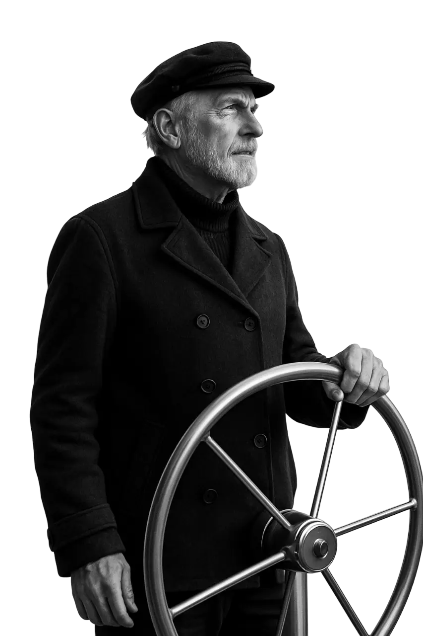 Capitaine tenant la barre d’un navire – image forte de l’accompagnement de long terme par TurboHero, partenaire de croissance pour entreprises ambitieuses.