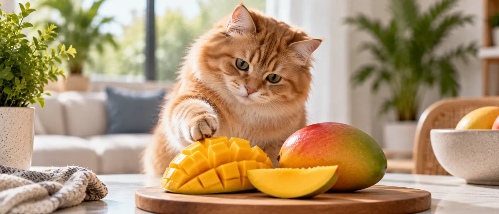 An orange cat reaches for sliced mango, prompting the question of whether it's safe for cats.