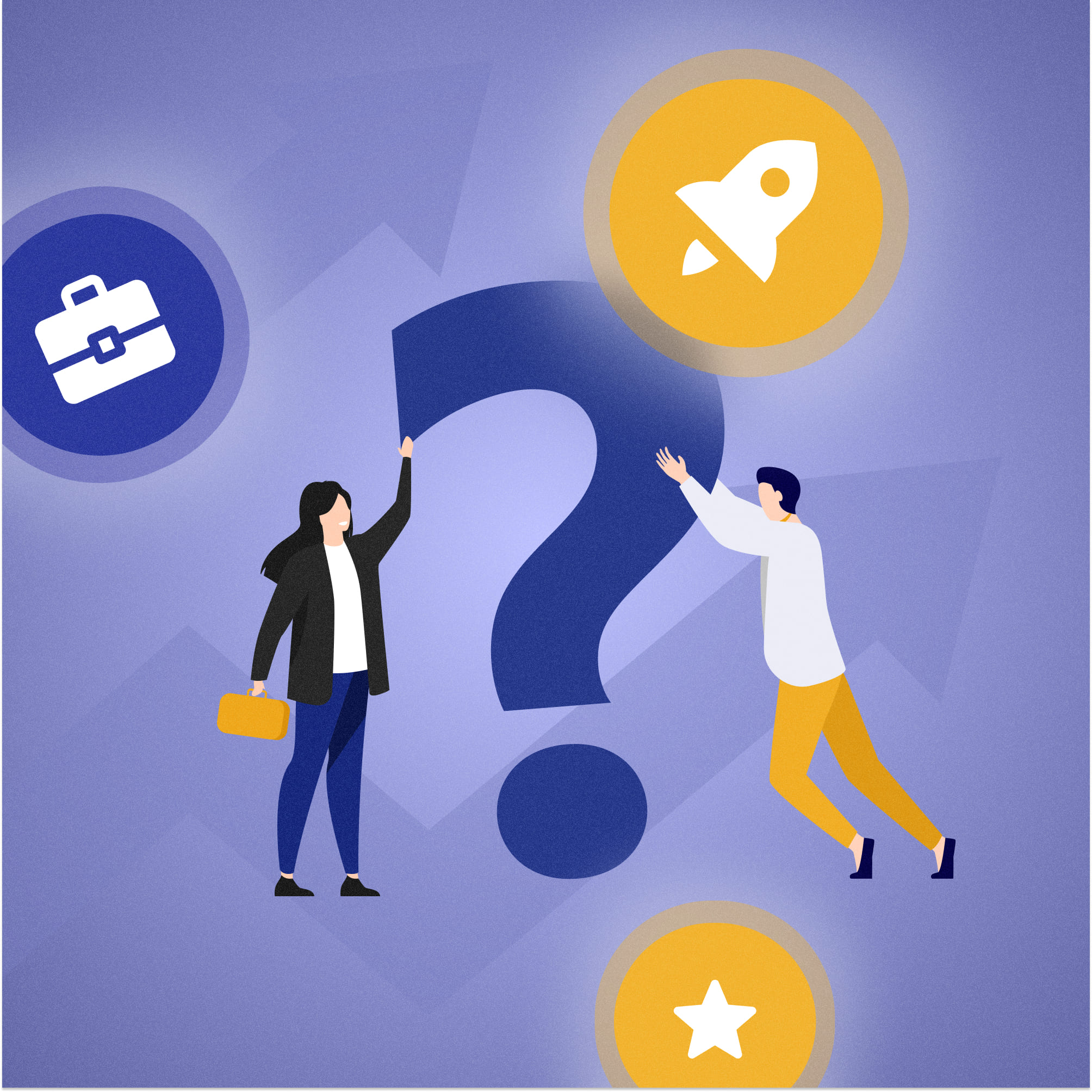 Két ember nagy kérdőjel előtt áll, üzleti döntést keresve.