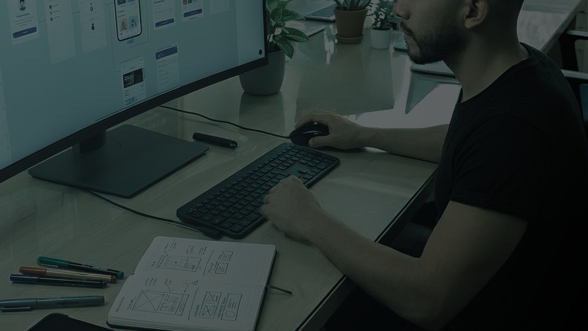 two people in a workspace working on their laptops 