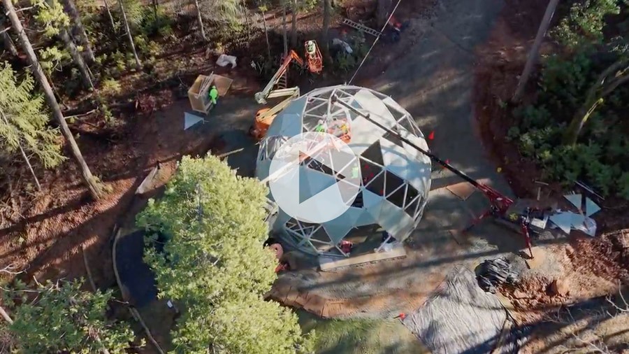 Drone footage of the build site of Amma, Geoship's first full size and fully permitted Bioceramic Geodesic dome home. 1600 sqft, 2bed, 2 bath home.