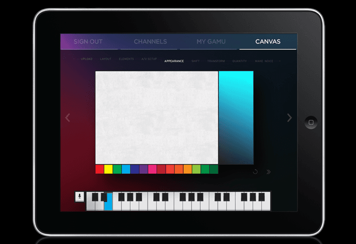 A tablet device displays a digital canvas interface with a white central area and a color palette along the bottom edge. The top bar shows “SIGN OUT,” “CHANNELS,” “MY GAMU,” and “CANVAS.” A keyboard icon is visible at the bottom left, and a circular button is on the right. The background is dark, with navigation arrows and sliders on the right side.