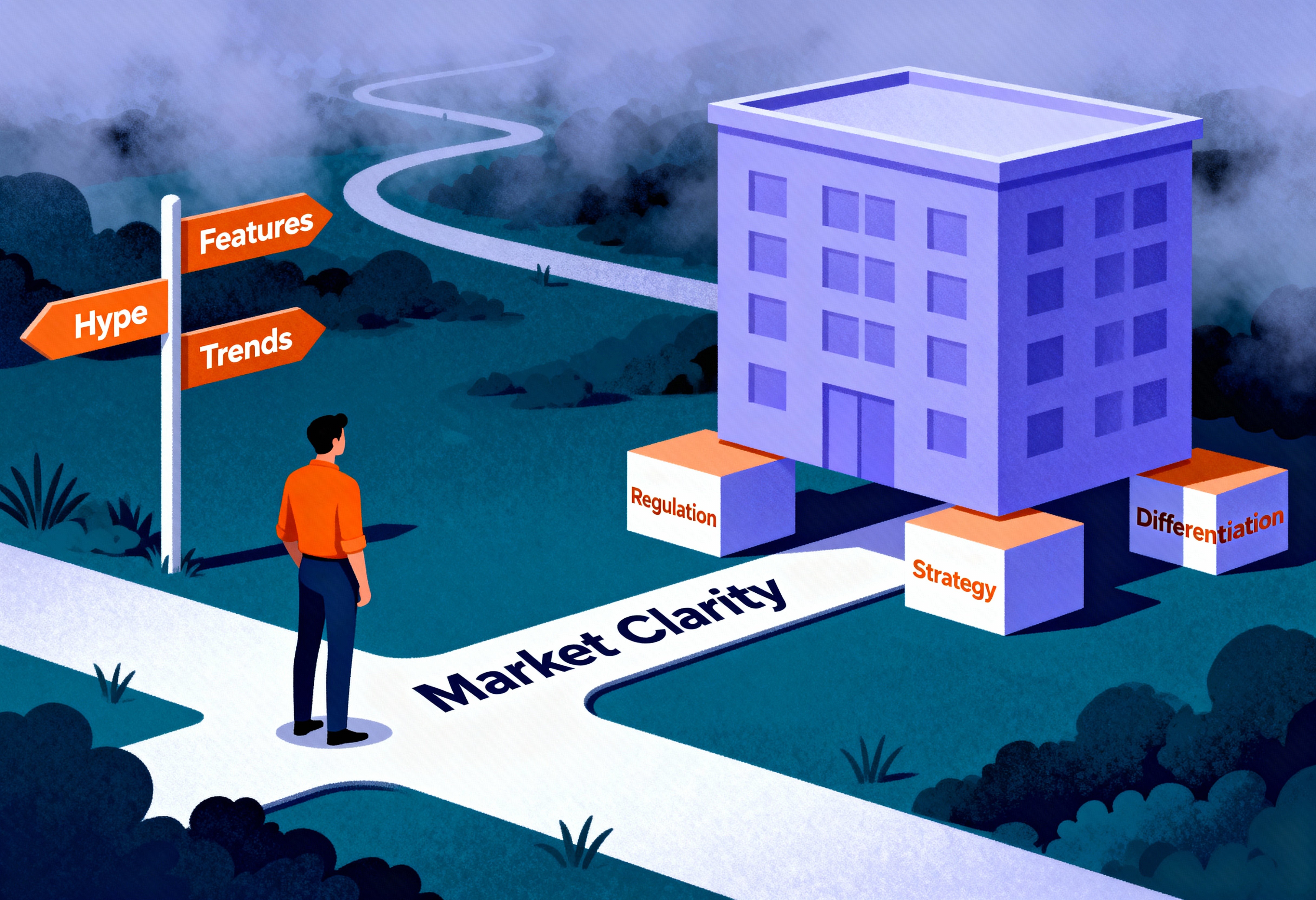 Editorial-style illustration in the same clean, semi-flat, colorful design. A founder stands at a crossroads with multiple signposts pointing toward ‘Hype’, ‘Features’, and ‘Trends’, while a clear path leads to a solid building supported by blocks labeled ‘Regulation’, ‘Strategy’, and ‘Differentiation’, representing structured decision-making and long-term focus