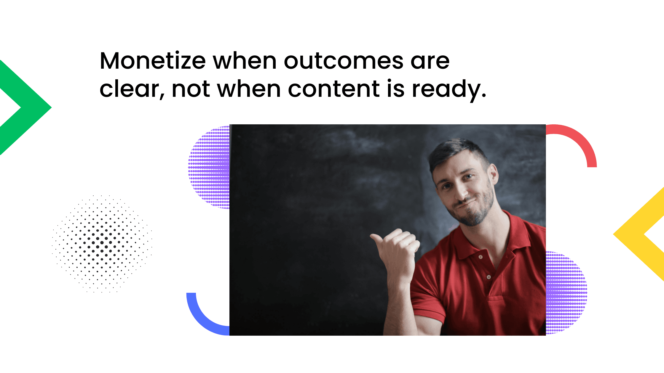 Man in a red shirt gesturing with his thumb toward a blank chalkboard behind him.