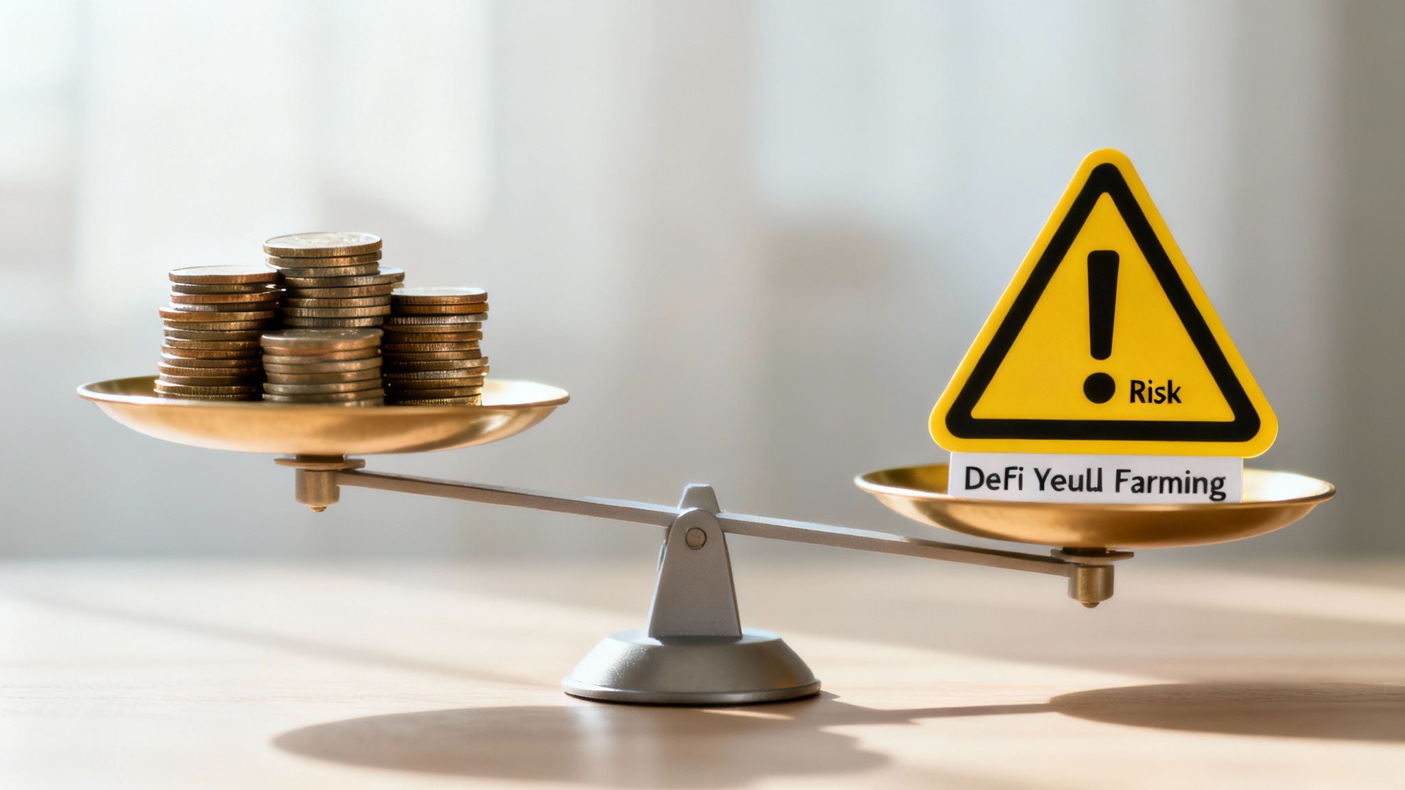 Weighing scale balancing stacks of coins against a 'Risk' sign for DeFi Yeull Farming.