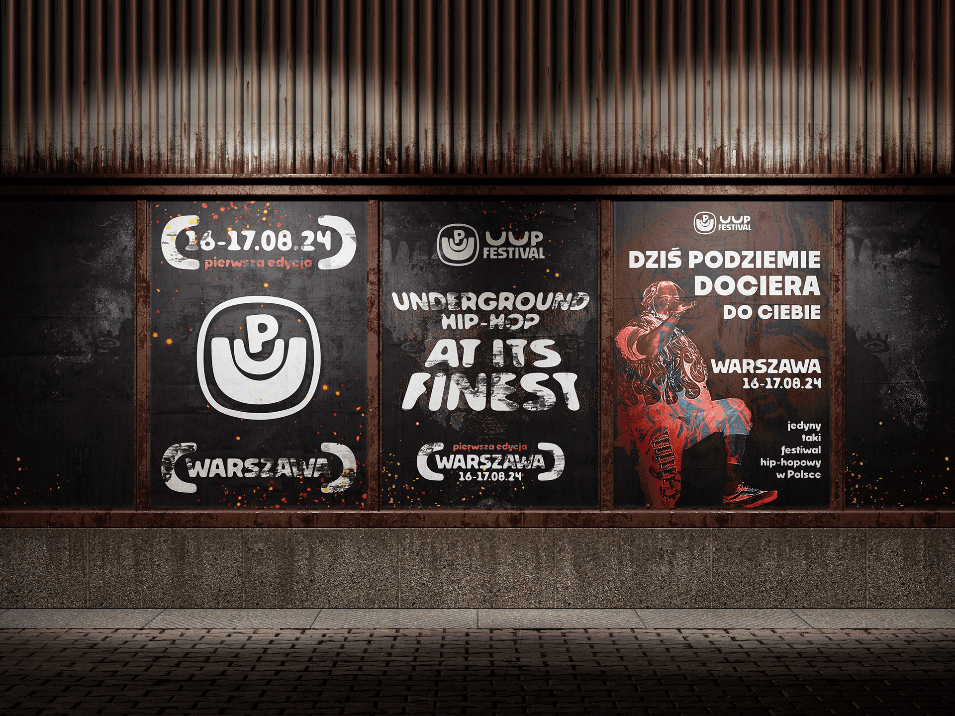 Three UUP Festival outdoor poster mockups displayed on a weathered urban wall, featuring logo, slogan "Underground Hip-Hop At Its Finest", and event date Warsaw 16–17.08.24