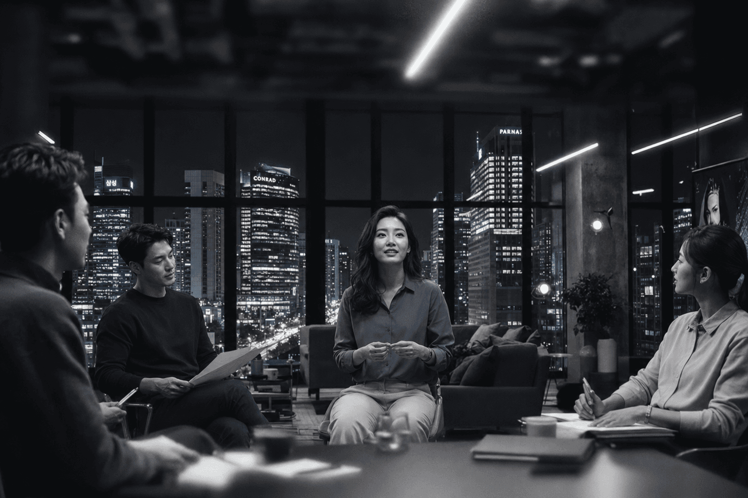Team working in an office watching at a presentation
