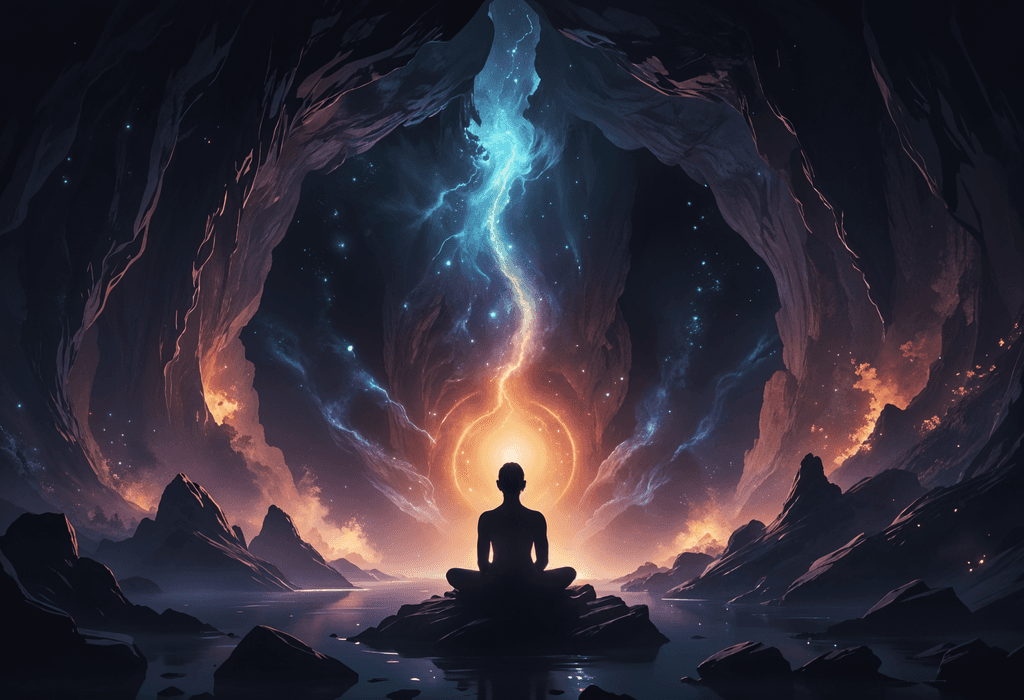 Artistic Image of person meditating in a cave with light leaking in