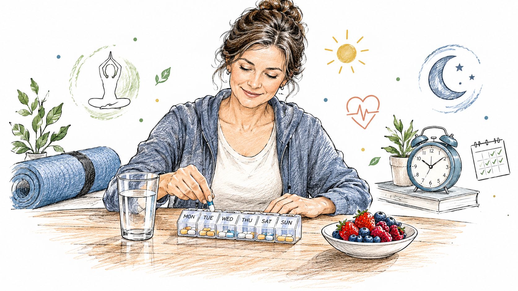 A woman organizing her daily supplements in a pill box on a table with fruit and health items.