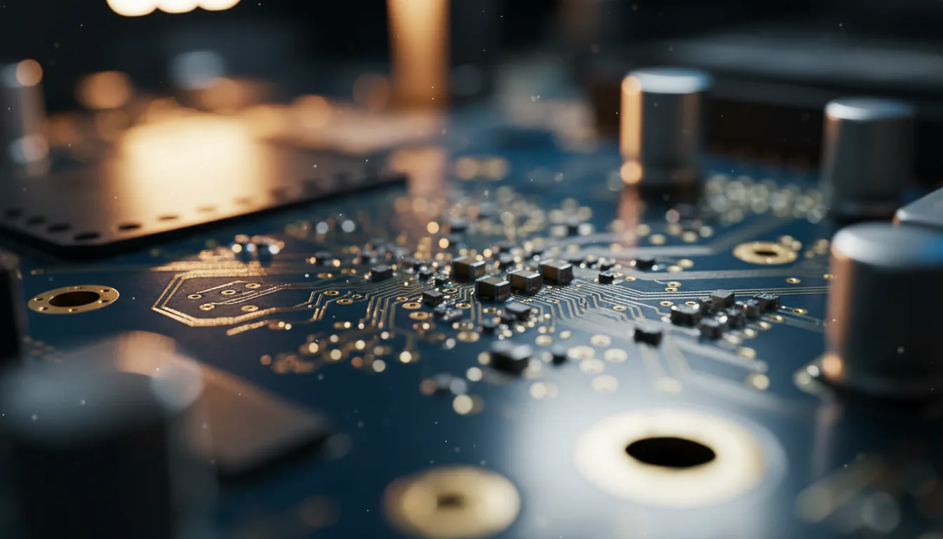 Macro DSLR photograph of a high-end workstation motherboard, focusing on a dark blue printed circuit board with intricate, reflective gold-plated traces and contacts. Cinematic contrast lighting highlights the metallic textures against the matte blue surface. The shot is angled with an extremely shallow depth of field, creating a soft bokeh in the background and foreground, leaving only the central circuitry in tack-sharp focus.