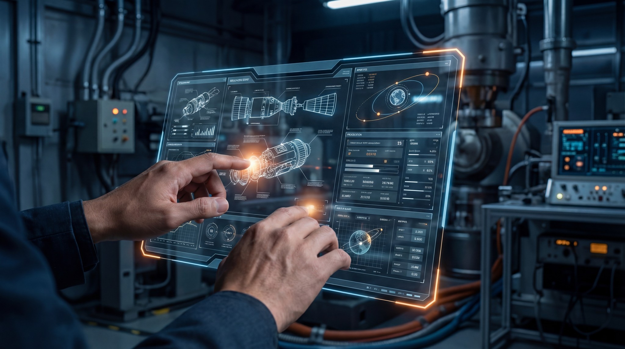 Hands operating holographic control panel in a high tech factory setting