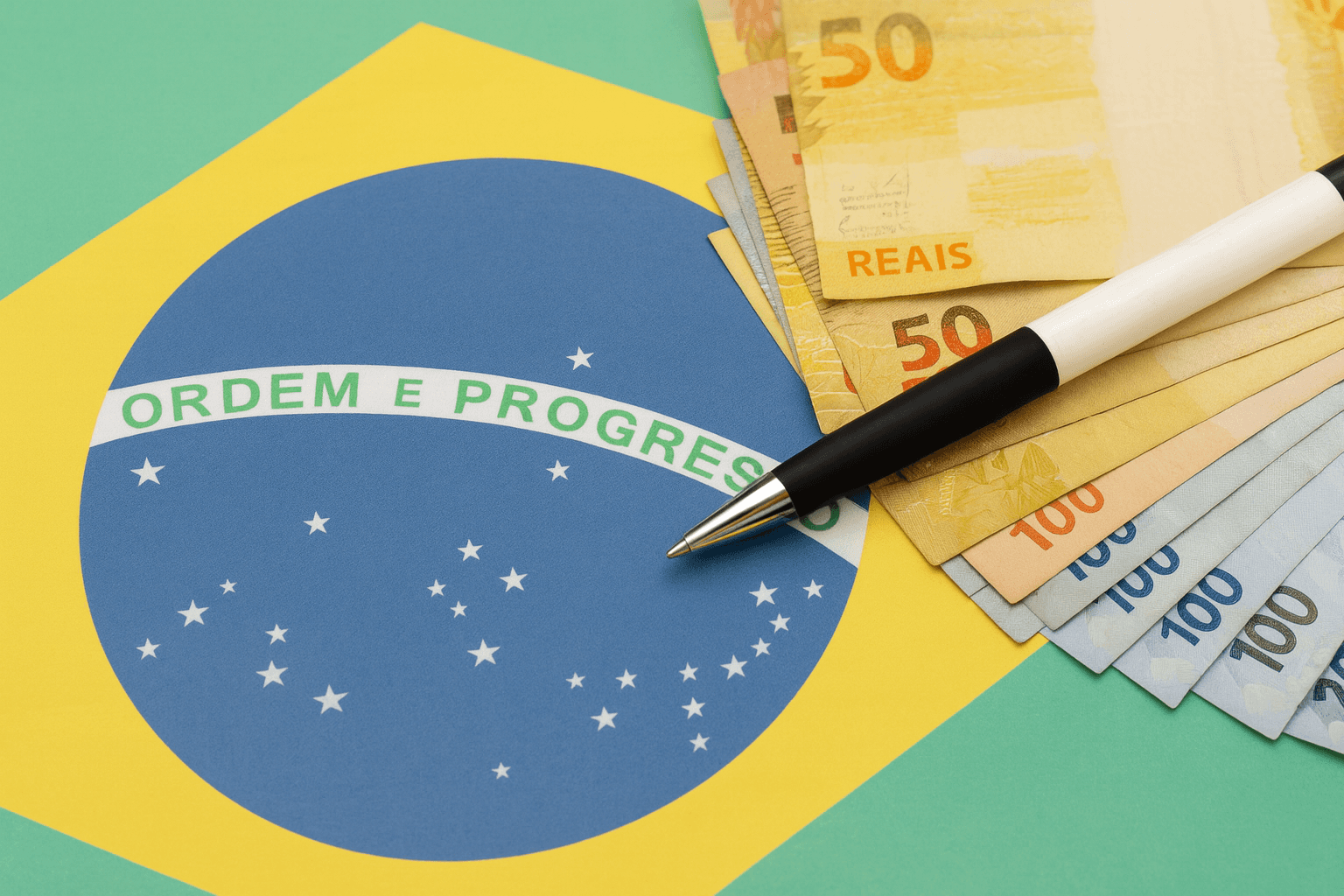 Bandeira do Brasil com notas de real e uma caneta sobrepostas, simbolizando a economia nacional e os princípios da Lei de Liberdade Econômica