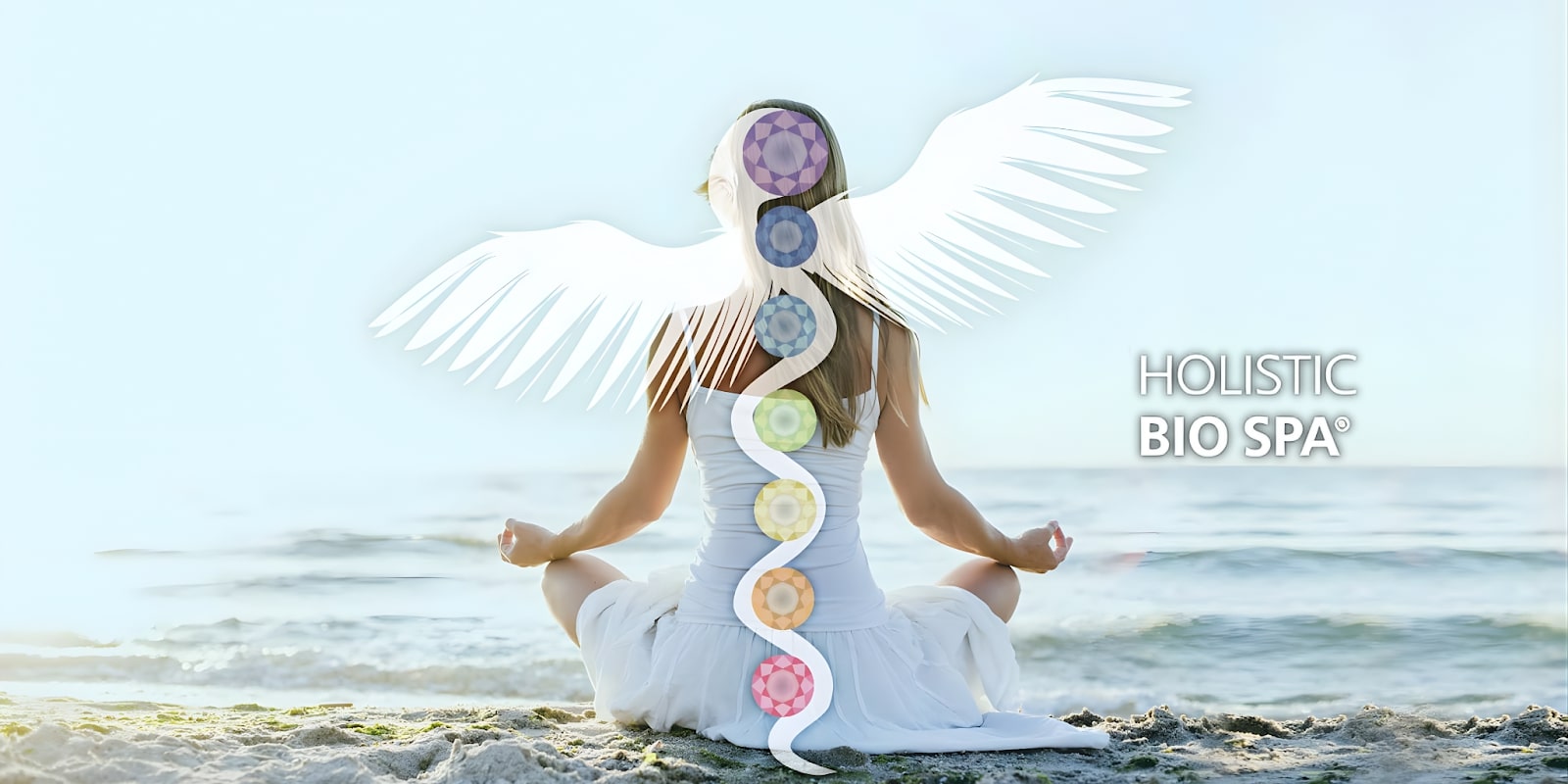 The image shows a person practicing meditation with chakra symbols and angel wings, representing holistic healing and regenerative medicine.