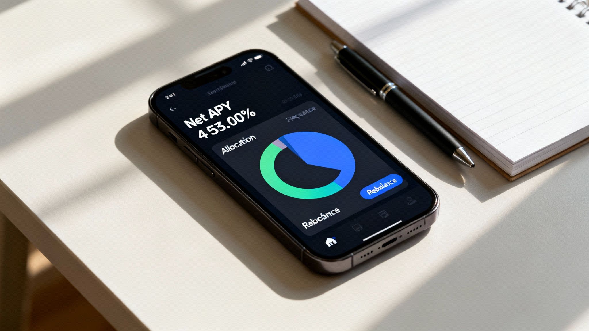 A smartphone screen displays a DeFi app showing Net APY, allocation pie chart, and rebalance option.
