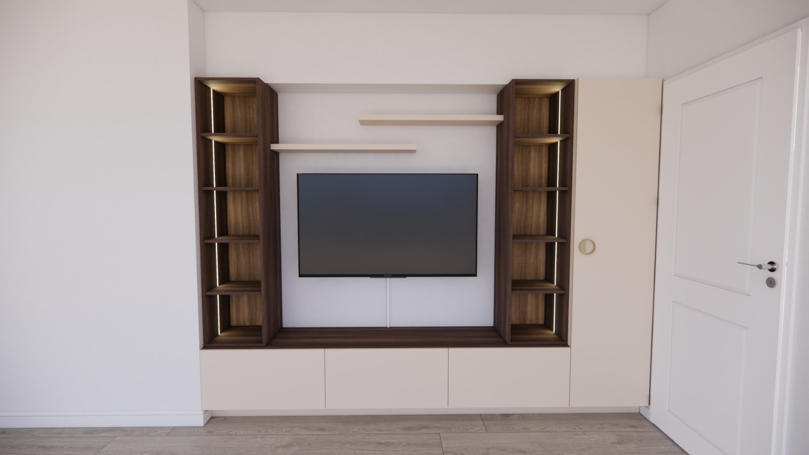 Perete TV cu vitrine din lemn și sticlă, iluminare caldă integrată, stil clasic-modern.