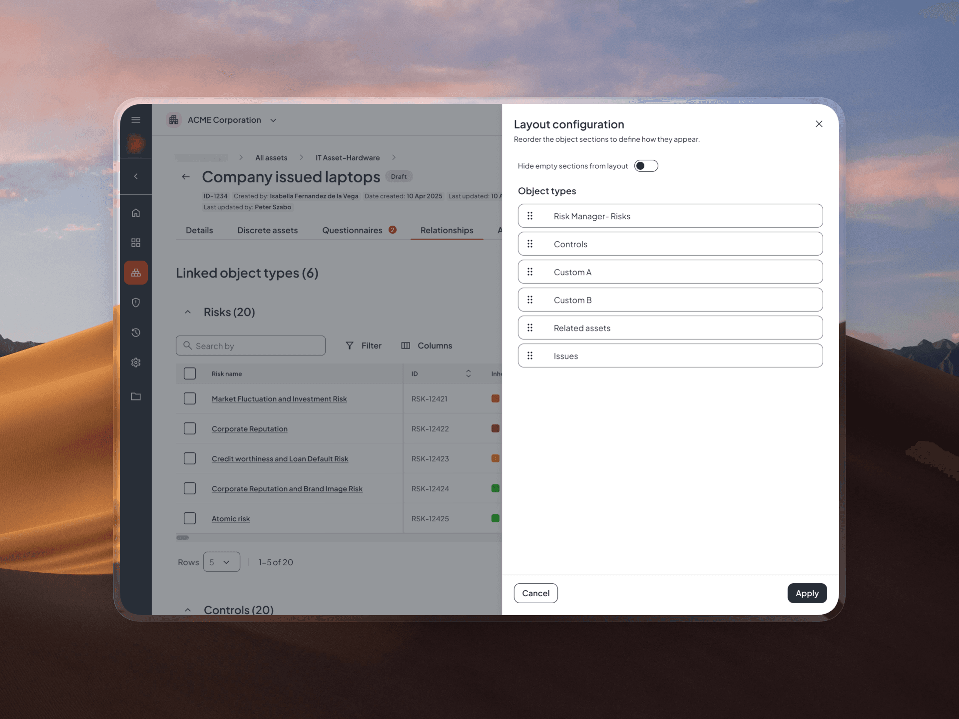 Multiple enterprise interface concepts showing relationship management tables, linked controls, and configurable layouts.