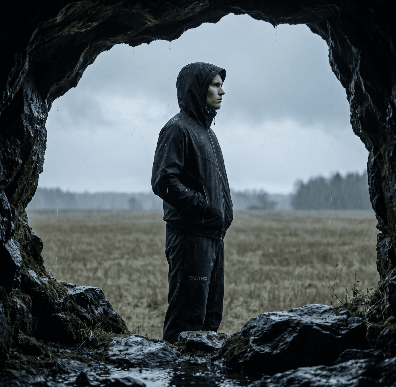 Person wearing tactical softshell jacket outdoors in open field