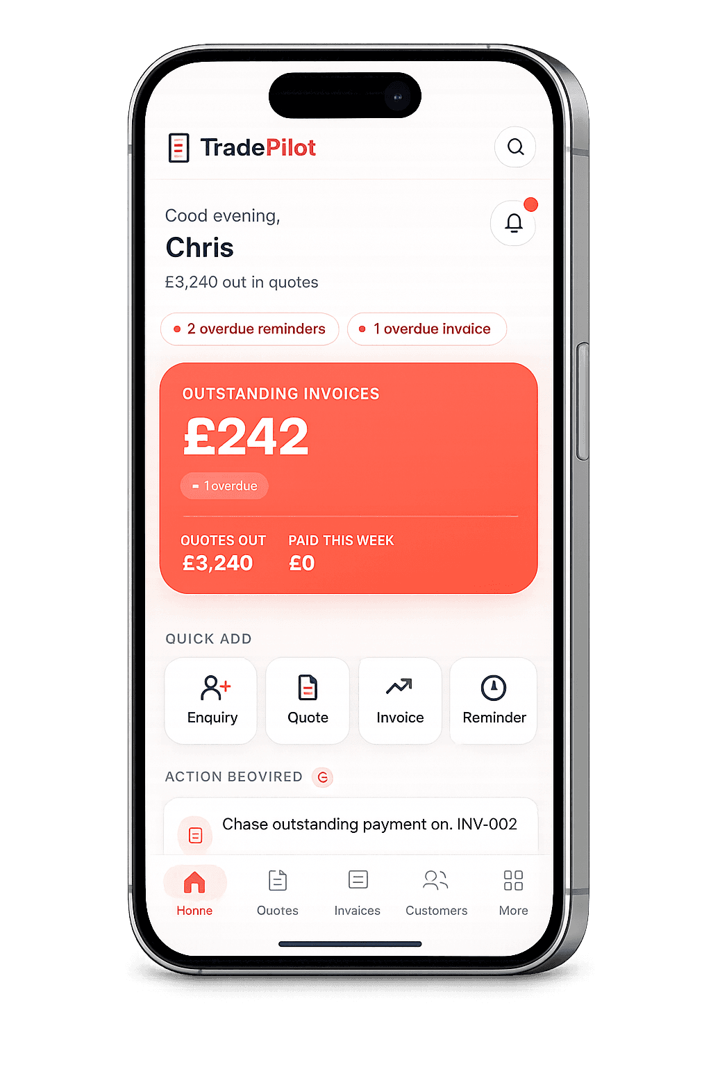 TradePilot app dashboard on iPhone showing quotes, invoices and earnings for a trade business