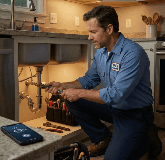 Plumber working on a pipe while an AI answering service manages calls