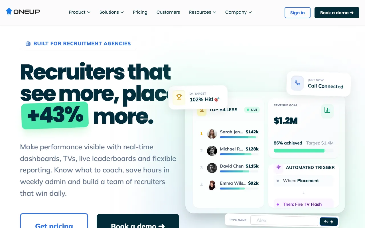 OneUp Sales homepage, gamification for sales and recruitment agencies
