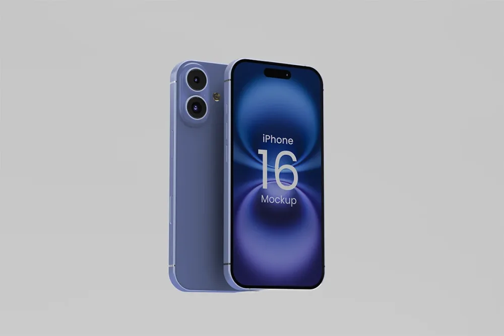 Front and back view of an iPhone 16 mockup in a sleek blue finish, featuring dual rear cameras and a display with a vibrant abstract gradient. Positioned against a minimal light gray background.
