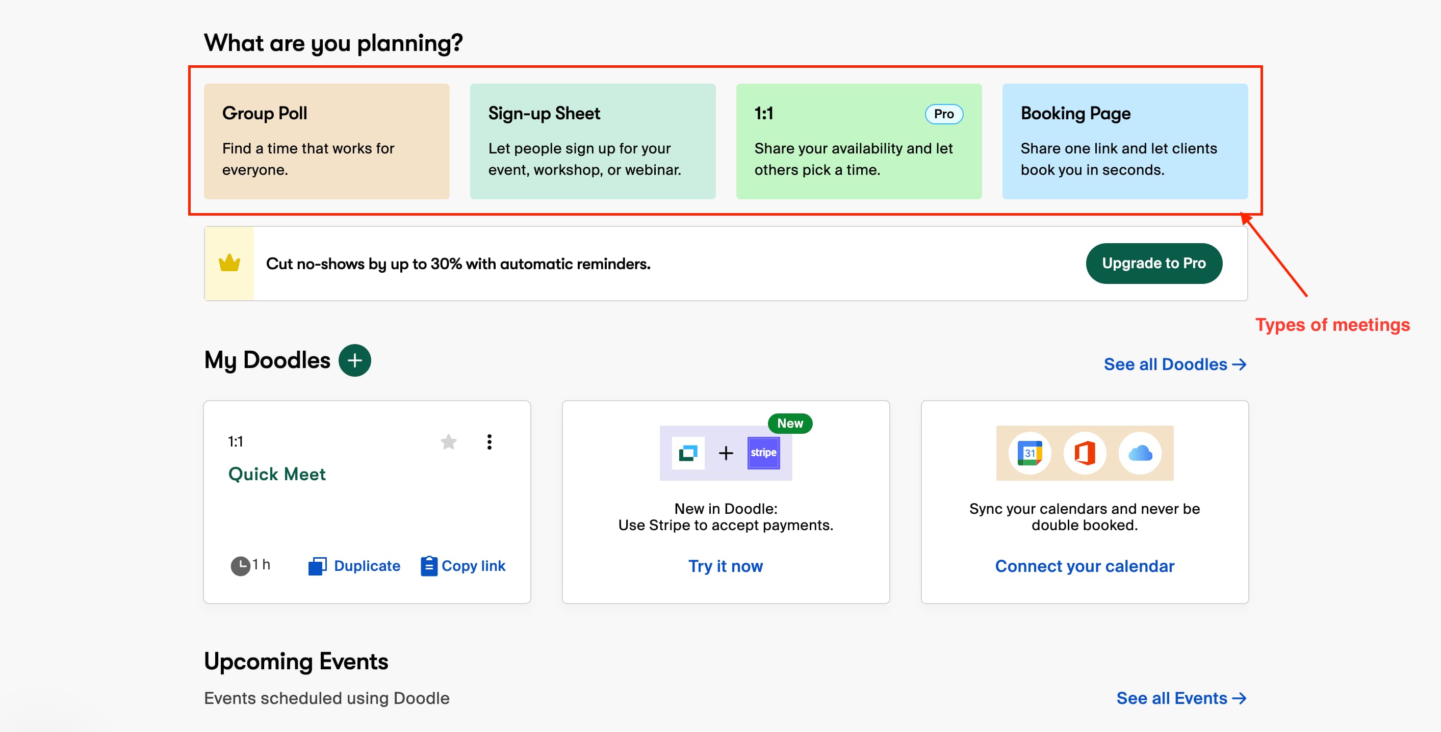 Doodle scheduling options page showing multiple ways to create and manage meetings
