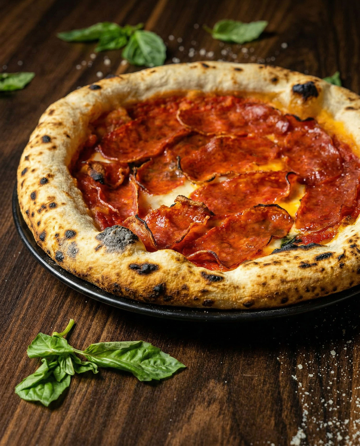 GP Italiano Diavolo pizza close up with basil Italian restaurant photography La Grange IL