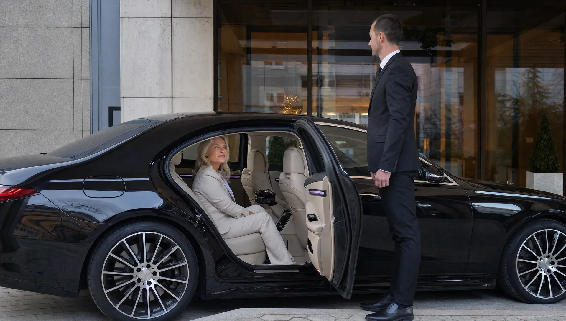 Een premium sedan staat bij een zakelijke entree met chauffeur voorin en een vrouwelijke VIP-passagier ontspannen achterin.