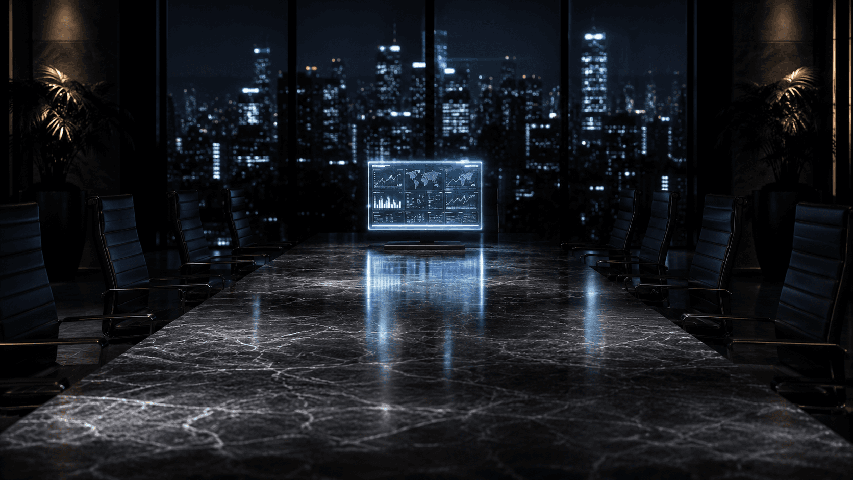 Portrait shot of a glowing blue display screen set on a marble desk in a high end conference office with a city view. 