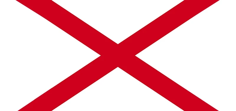 A white flag features a bold red diagonal cross, forming an X pattern that spans the entire flag. The design is simple and striking, conveying clarity.