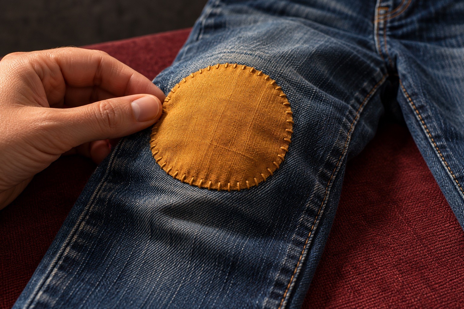 Une main vérifie le bord d’un renfort rond ocre cousu sur le genou d’un pantalon en jean.
