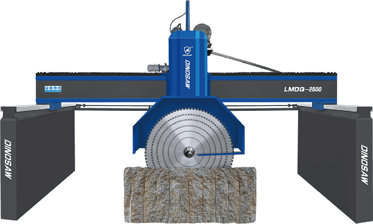 The Intelligent Bridge Multiblade Cutting Machine LMDQ-2500 is shown with a large, circular blade cutting through a textured stone block. The machine features a robust blue design with Dinosaw branding, emphasizing high precision and efficiency for stone cutting.