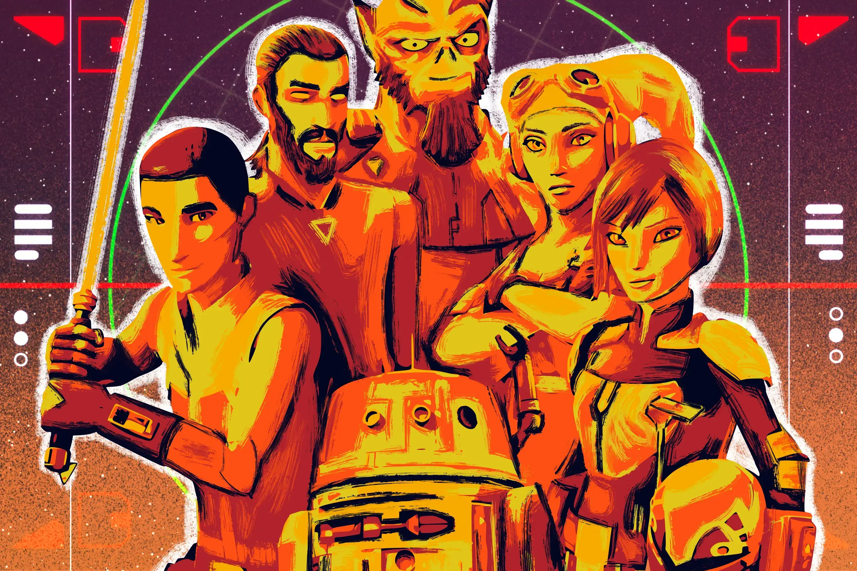 Ezra Bridger, Kanan Jarrus, Zeb Orrelios, Hera Syndulla, Sabine Wren, and Chopper from Star Wars Rebels over a geometric background