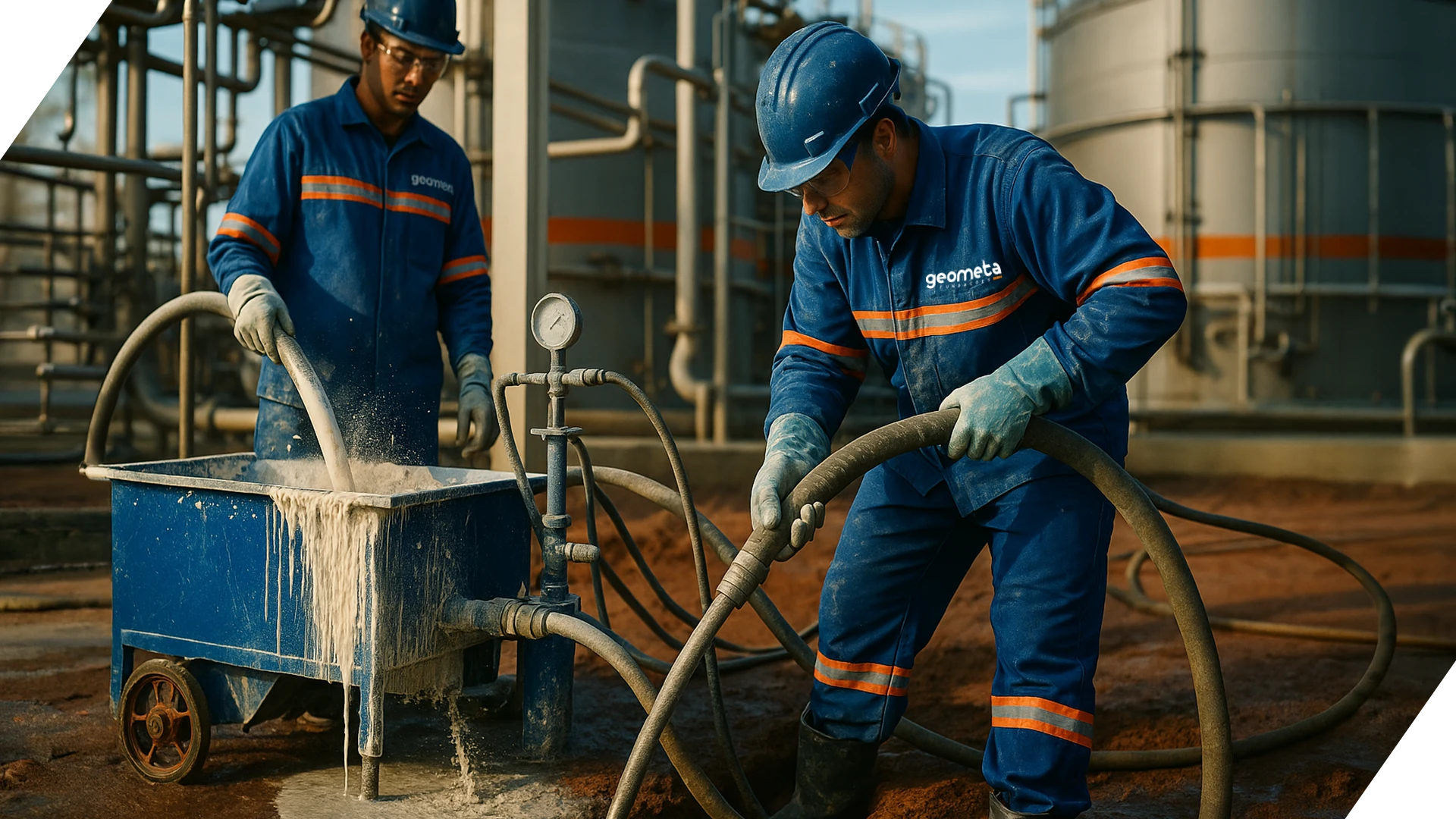 Execução de injeção de cal para melhoria do solo, técnica de reforço geotécnico aplicada em obras de fundações especiais.