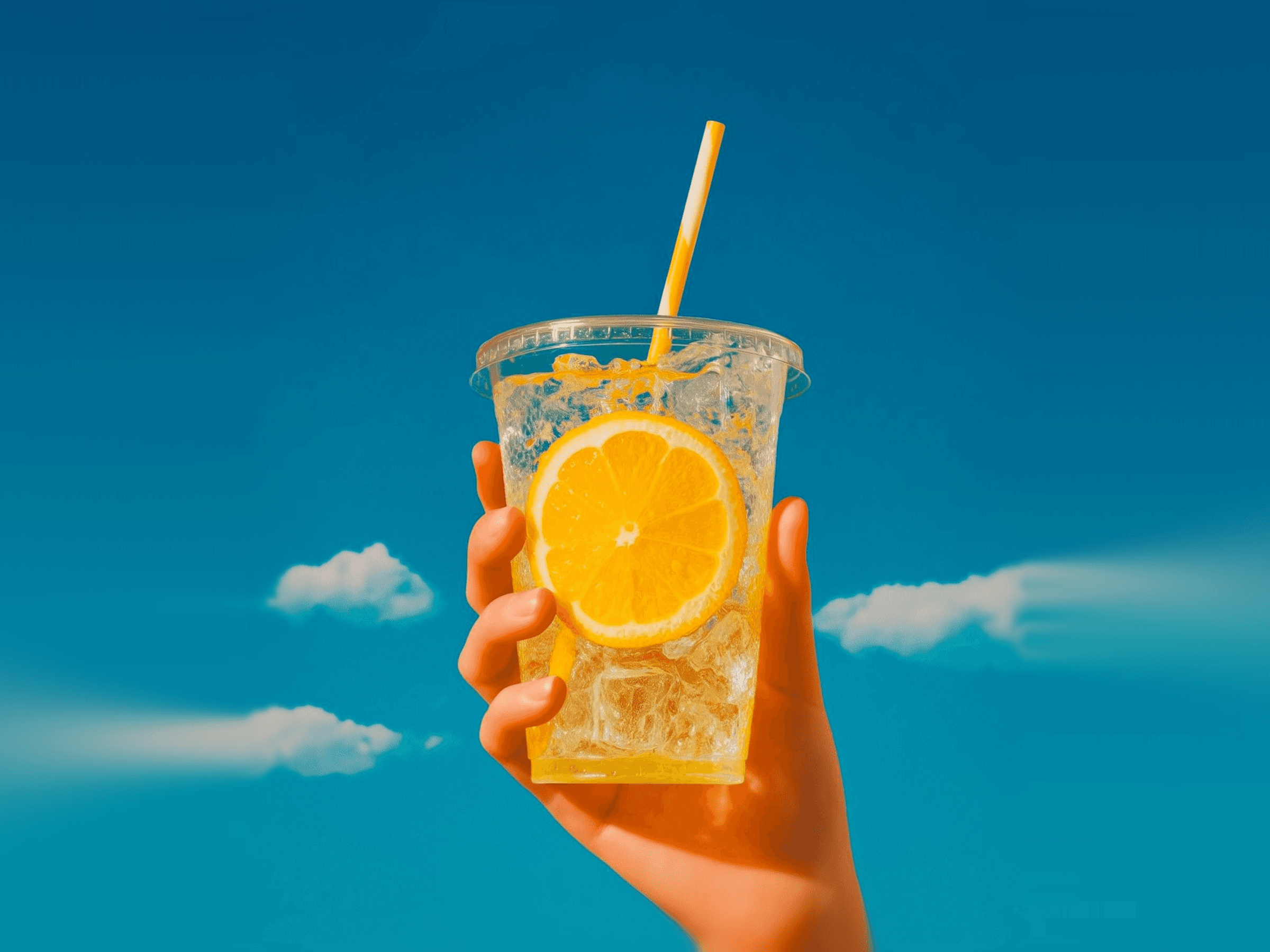 Hand holding a cold drink with lemon and straw