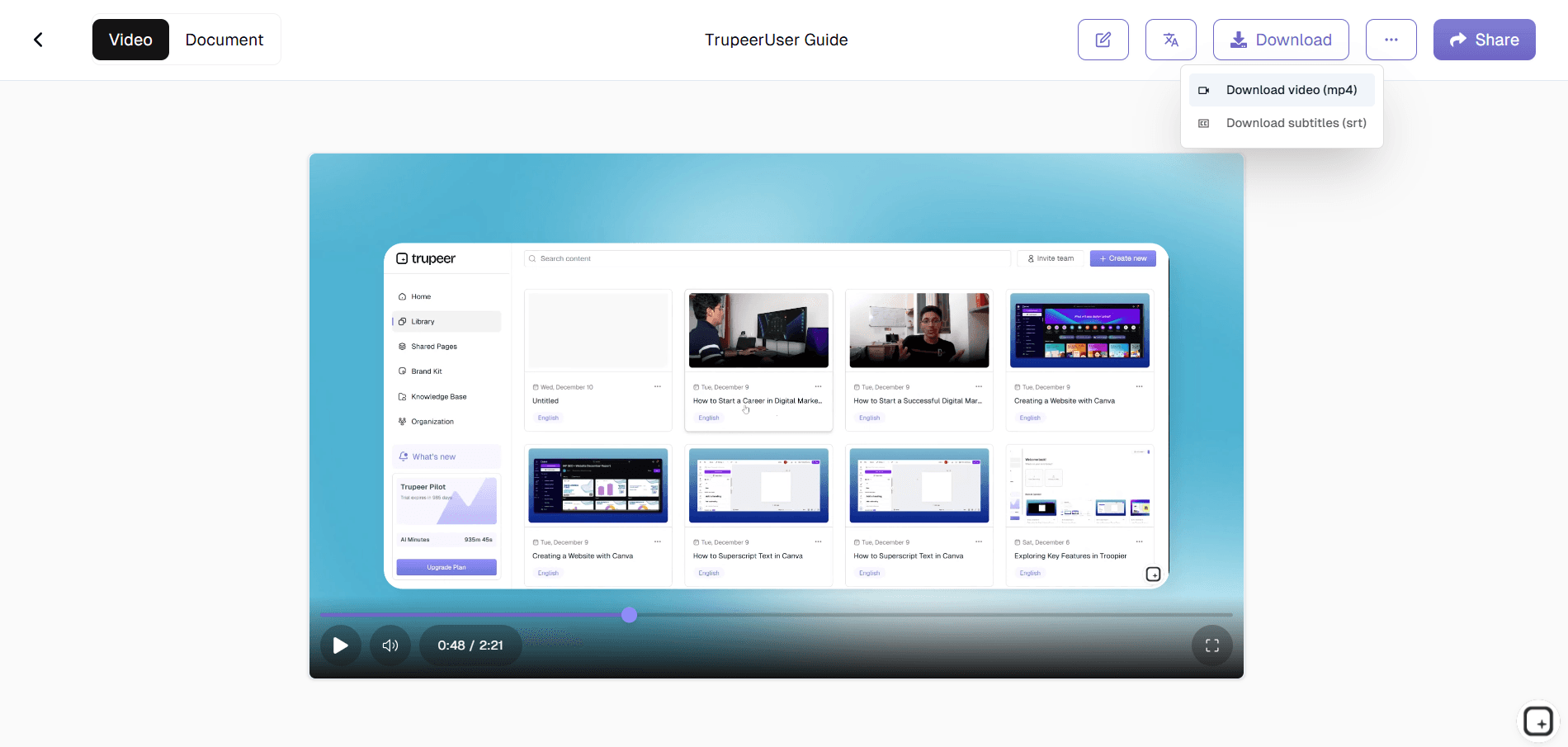 Trupeer video editor with download and share options for the dubbed video