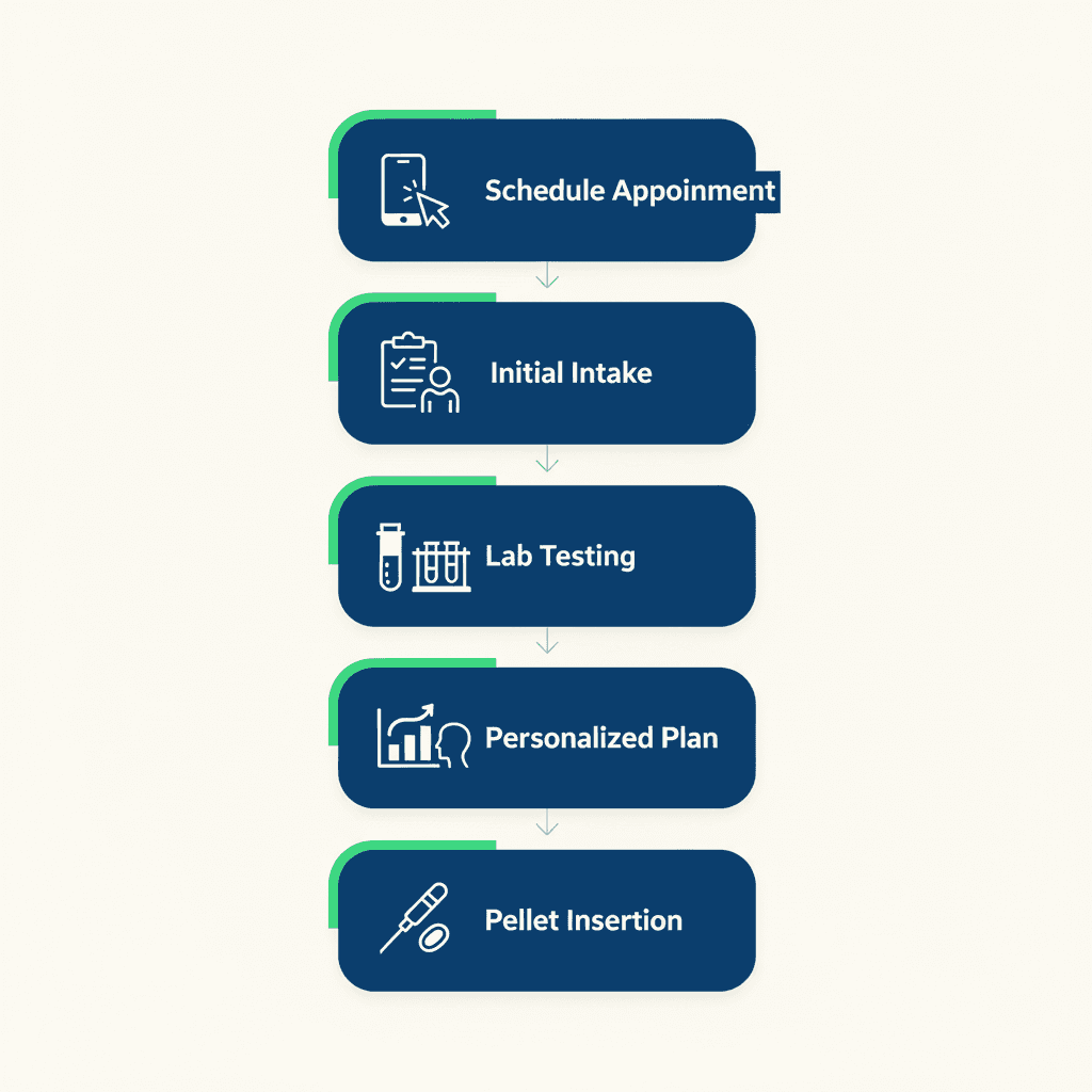 Vertical process flow diagram of five steps to begin hormone therapy at HRMN Health clinic.