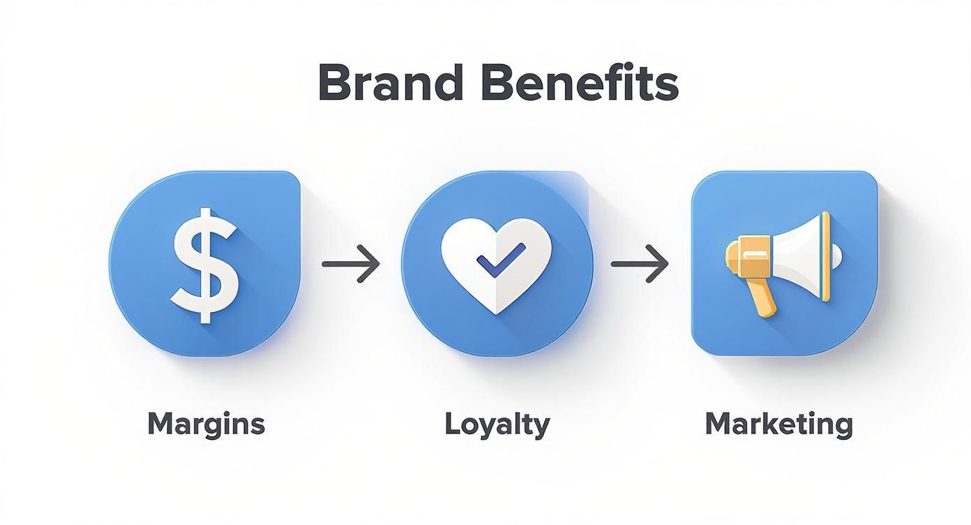 Infographic showing the process flow of brand benefits from higher margins to customer loyalty and better marketing