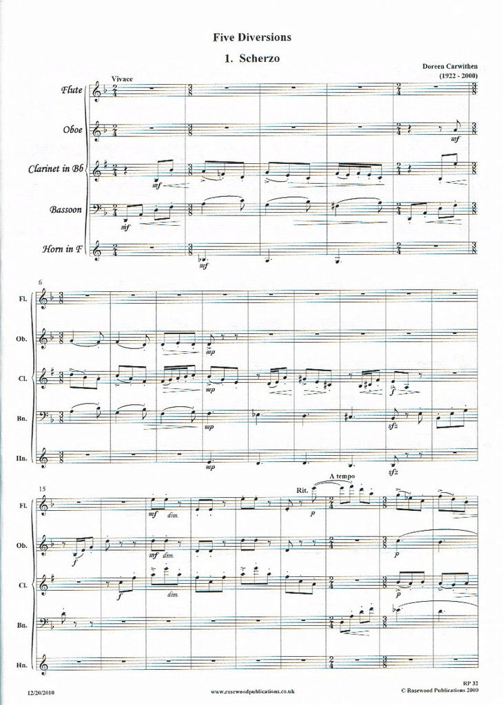 Opening page of Alvin Etler’s 1959 Sextet for oboe, clarinet, bassoon, violin, viola and cello.