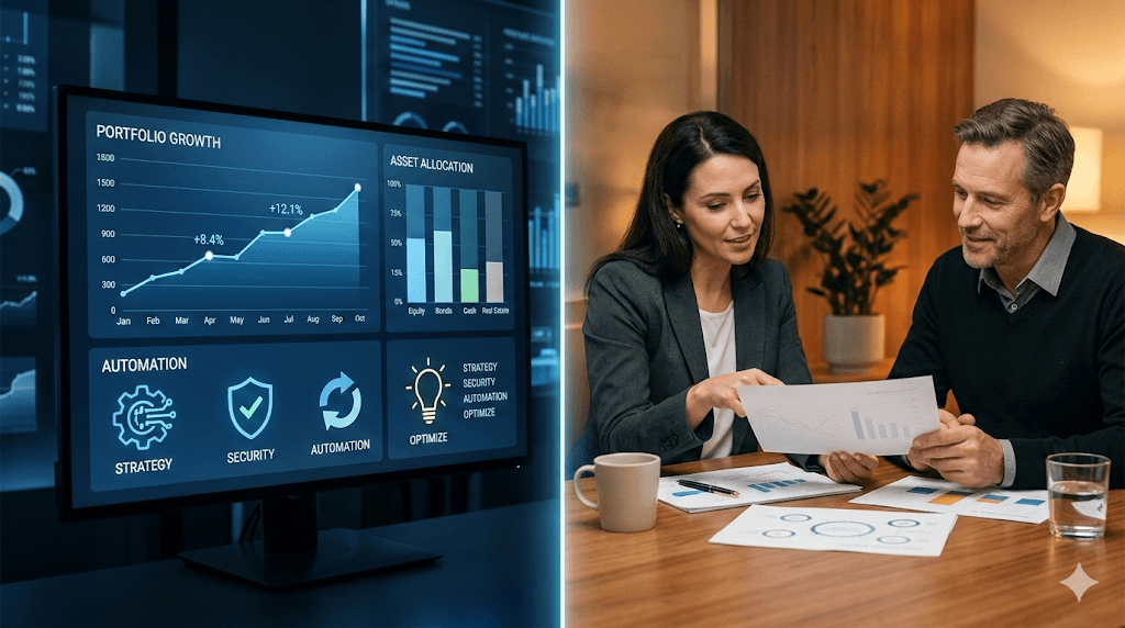 Comparison of robo advisor digital dashboard and human financial advisor meeting — illustrating the 2026 decision framework
