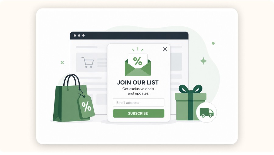 Signup popup with discount, gift, and free shipping incentives illustration&nbsp;