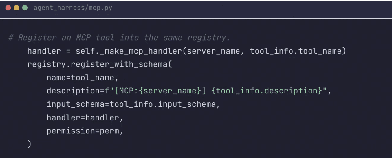 Diagram showing MCP remote tools registered into the same DataGOL tool registry as local tools, with uniform permission and error handling]