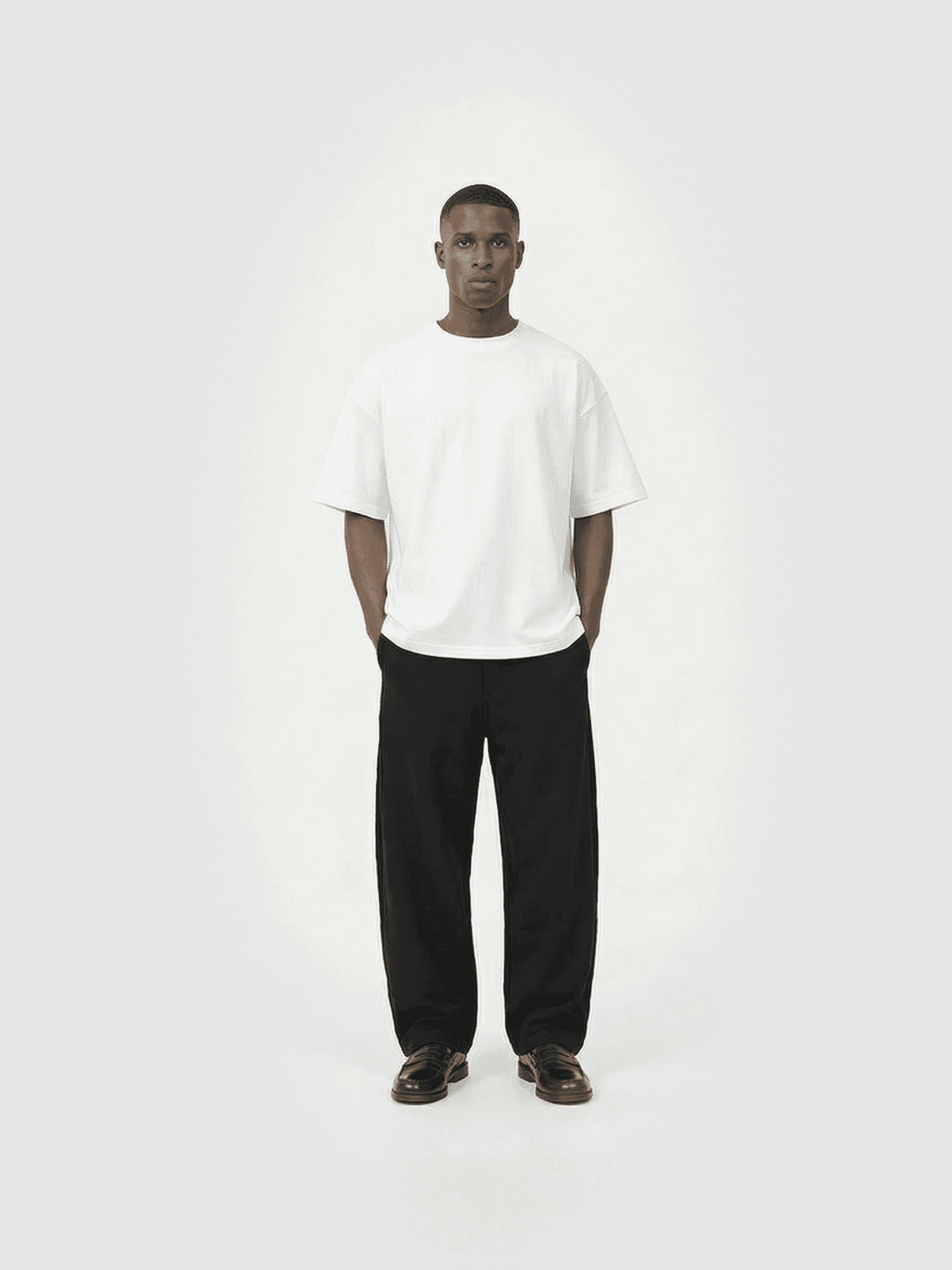 Heavyweight classic crew T-shirt in navy — front view on model.
