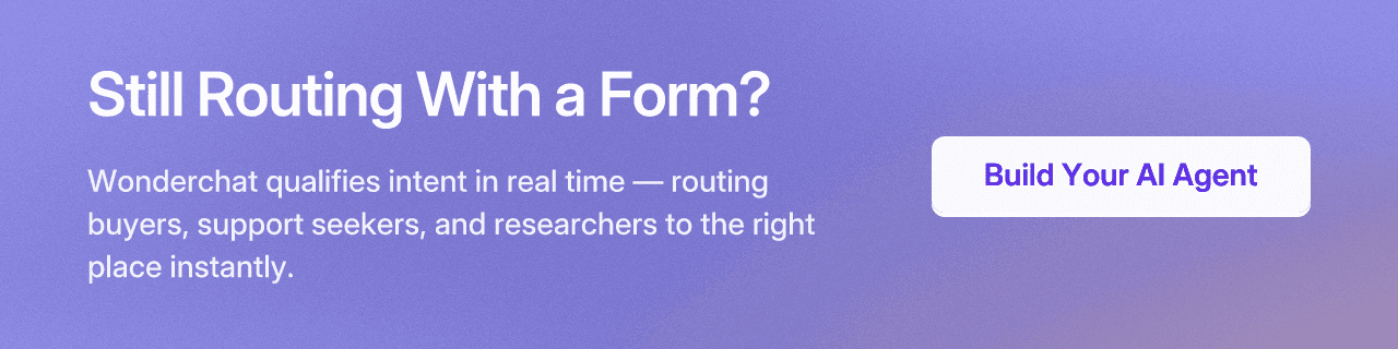 Still Routing With a Form? Wonderchat qualifies intent in real time — routing buyers, support seekers, and researchers to the right place instantly. CTA: Build Your AI Agent