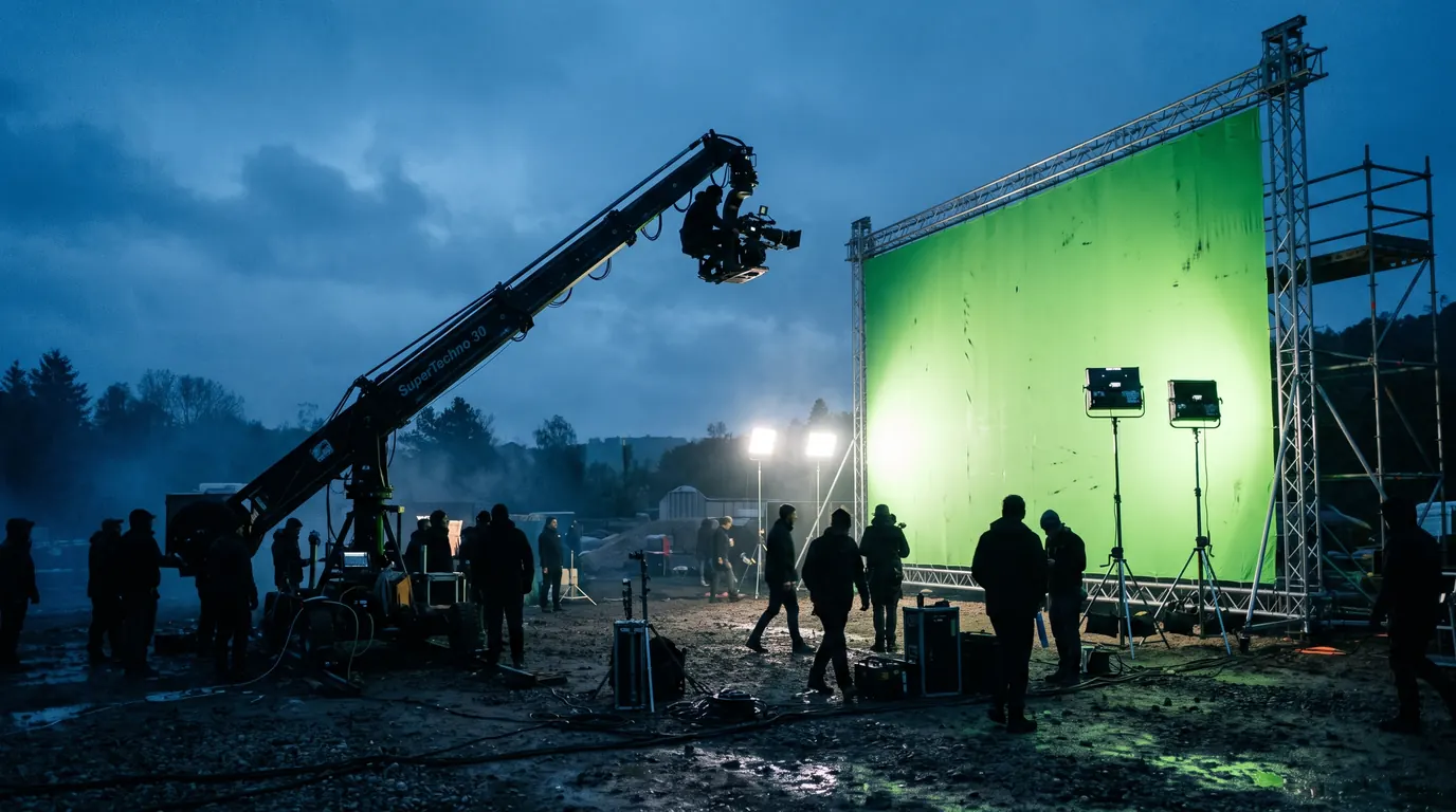 An outdoor film set at dusk with a camera crane, a green screen and crew in silhouette