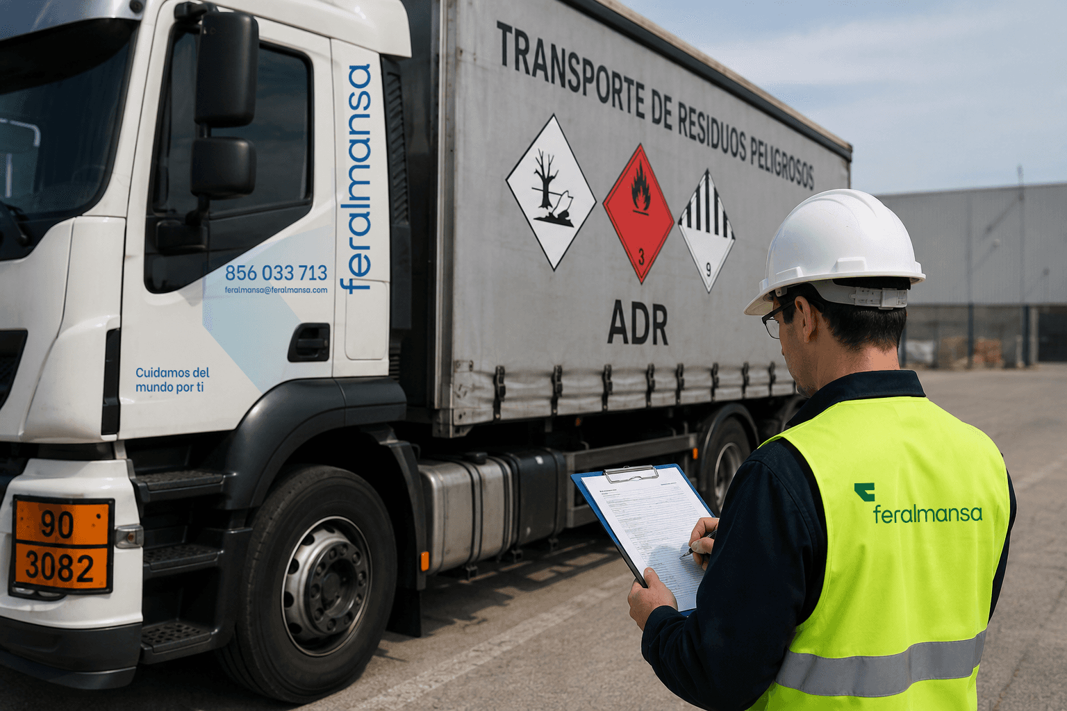 Camión de Feralmansa con paneles naranja ADR y operario revisando la documentación del transporte