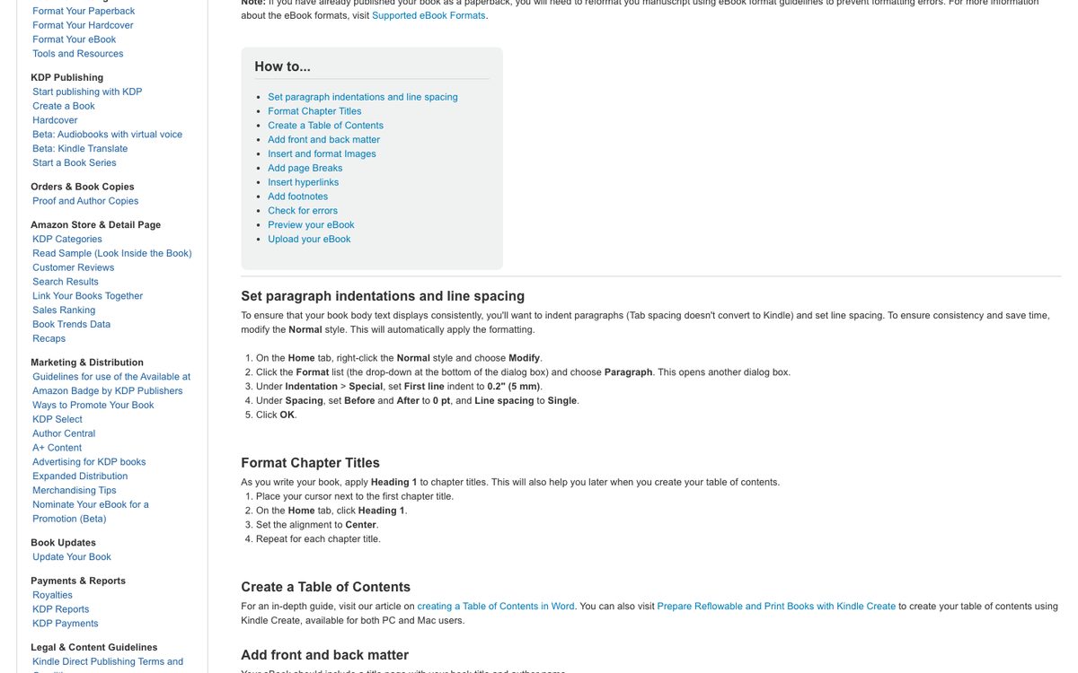 KDP’s ebook formatting guide for Word, with the steps for paragraph indents and line spacing